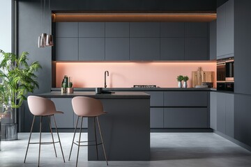 Wall Mural - Modern kitchen interior with pink chairs and a sleek countertop