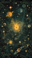 Wall Mural - A vibrant cosmic solar system illustrates planets, stars, and celestial bodies in a dynamic arrangement, showcasing the beauty and complexity of the universe in great detail