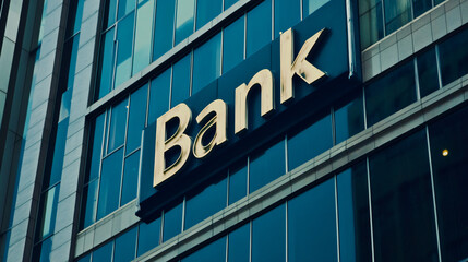 Aufkleber - Gleaming bank sign adorns a modern glass building, embodying the world of finance, commerce, and economic activity