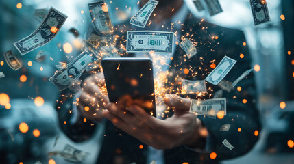 Poster - Businessman holding a smartphone with dollar bills emerging from the screen, surrounded by glowing lights and sparks