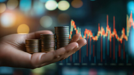 Poster - Man in business attire holds piles of coins with a stock market chart in the background depicting gains and losses