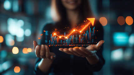 Poster - Businesswoman smiling and holding a glowing growth chart hologram with a rising arrow, symbolizing business success