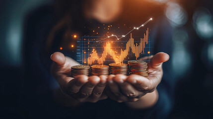 Poster - Businesswoman holding a stack of coins with a digital profit graph, depicting the concept of business growth and financial success