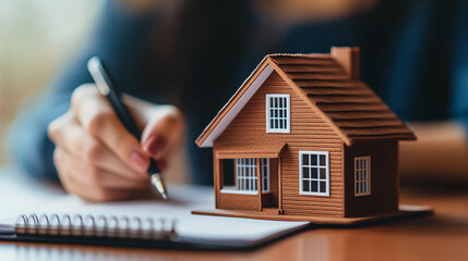 Poster - Real estate agent seated at desk, signing contract with model house on paperwork