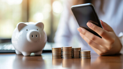 Poster - Businesswoman using a finance app on her smartphone, with a piggy bank and piles of coins in the foreground