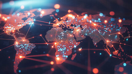 Poster - Glowing abstract world map with intricate lines, showcasing global connections. Dark blues, vibrant reds, and bold oranges highlight modern networks and communication