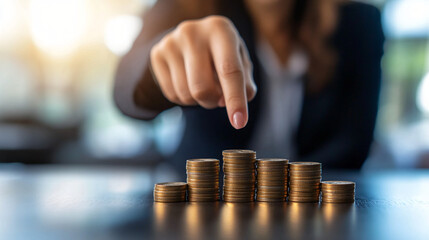 Poster - Businesswoman pointing at increasing stacks of coins, symbolizing business success, financial growth and wealth