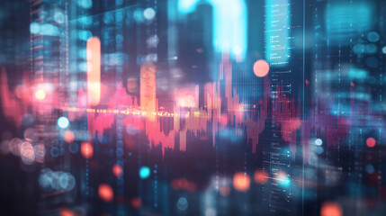 Poster - Lines of a financial chart are fluctuating on a futuristic data analysis display over a cityscape
