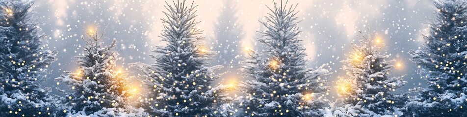 Poster - Winter Wonderland with Snowy Trees and Golden Lights in Forest Setting : Generative AI