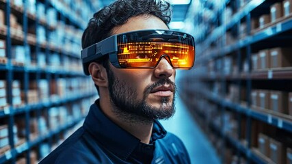 Poster - man using augmented reality glasses in a warehouse during working hours, focused on tasks