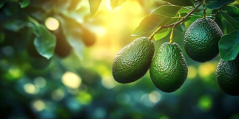 Wall Mural - Sunlit Avocado Branch with Ripe Green Avocados in Lush Tropical Garden : Generative AI