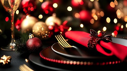 Poster - Elegant Christmas Table Setting with Red and Gold Ornament Decoration : Generative AI