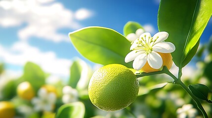 Aufkleber - Closeup of Citrus Fruits and Blossoms in Lush Greenery Under Bright Sky : Generative AI