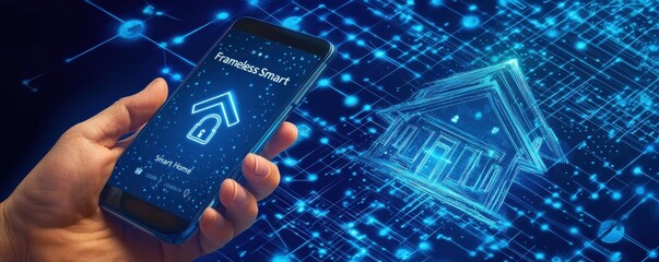 Poster - Hand holding smartphone with futuristic smart home interface