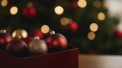Aufkleber - Closeup of Red and Gold Christmas Ornaments in Box with Festive Lights Background : Generative AI