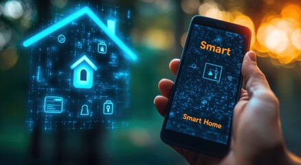 Poster - Smart home technology concept with smartphone and digital interface