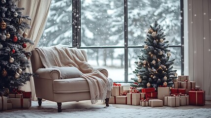 Poster - Festive Christmas Interior with Snowy Window and Decorated Tree by Cozy Armchair : Generative AI