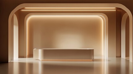 Poster - A sleek 3D-rendered exhibition setting with subtle lighting, neutral colors, and minimalist design for showcasing