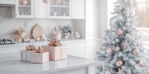 Aufkleber - Modern kitchen interior with pink Christmas gifts and a decorated white tree surrounded by festive holiday spirit : Generative AI