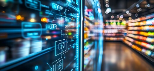 Aufkleber - Smart digital display on refrigerator showcasing interactive shopping data in aisle : Generative AI