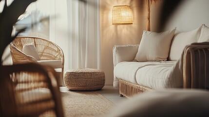 Poster - Serene Interior Living Space with Elegant Boho Chic Furniture in Natural Light : Generative AI