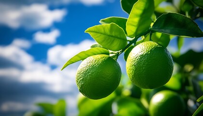 Poster - Vibrant Green Limes Against Blue Sky on Sunny Day in Citrus Orchard : Generative AI