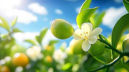 Poster - Lime and Flower on Tree Branch with Vibrant Leaves in Sunshine : Generative AI