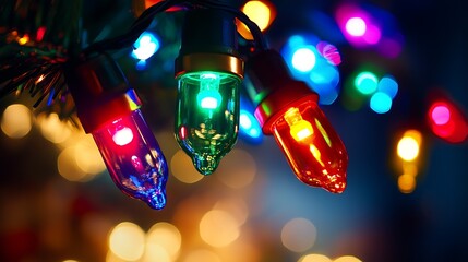 Poster - Vibrant Holiday Cheer with Christmas Tree Lights Glowing Brightly in Multicolored Hues : Generative AI
