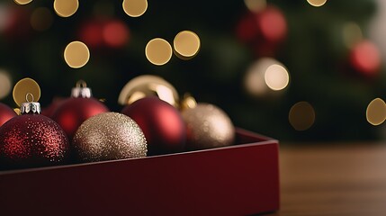 Aufkleber - Festive Red and Gold Christmas Ornaments in Tray with Holiday Bokeh Lights : Generative AI