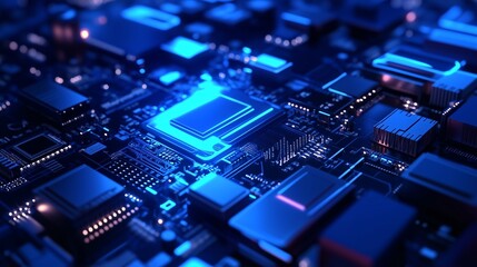 Poster - a close-up view of a computer circuit board featuring intricate microchips illuminated in blue light