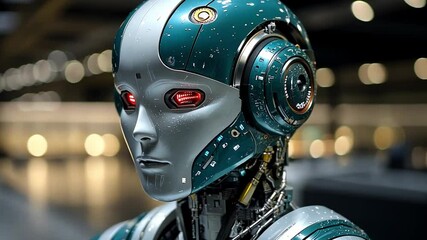 Poster - A futuristic humanoid robot with intricate design displayed in a high-tech environment