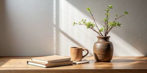 Wall Mural - Sunlight Streaming on Books, Mug and Vase, Minimalist, Still Life, Interior Design, Sunlight, Minimalism