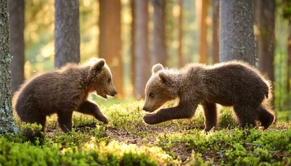 Two little bears cubs playing with each other in the forest