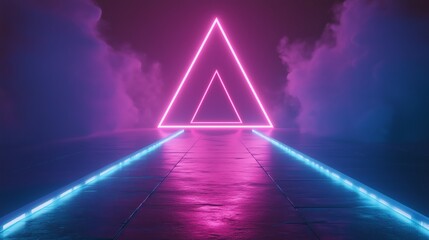 Poster - A glowing triangular neon structure with vibrant colors illuminates a misty path at night in a dynamic, futuristic setting