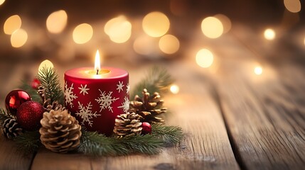 Poster - Snowflake Patterned Candle Lit Amidst Pinecones and Red Festive Ornaments : Generative AI