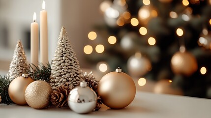 Poster - Elegant Christmas Ornaments and Candle Display with Gold and Silver Decor : Generative AI