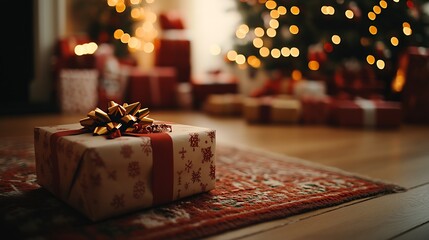 Poster - Beautifully Wrapped Gift Under Christmas Tree Amidst Twinkling Holiday Lights : Generative AI