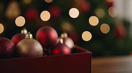 Aufkleber - Box of Red and Gold Christmas Baubles with Blurred Festive Lights Background : Generative AI