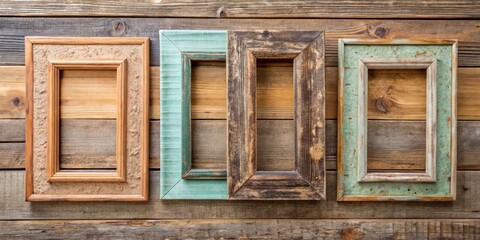 Wall Mural - Four Rustic Wood Frames on Weathered Plank Background, wood frames, weathered wood, rustic decor, rustic frames