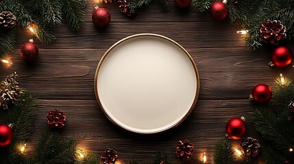 Poster - Traditional Christmas Feast Setting with Fir Greenery and Red Ornament Decor : Generative AI