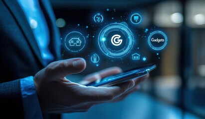 Poster - Businessman using futuristic technology with smartphone interface