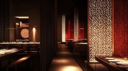 Poster - Stylish Modern Restaurant Interior with Red and White Decor and Warm Light Ambiance : Generative AI