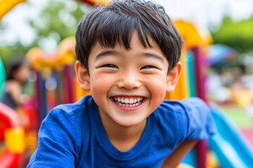 Energetic Asian boy child in blue shirt playing on a jungle gym in a colorful playground, laughing as he explores and climbs.