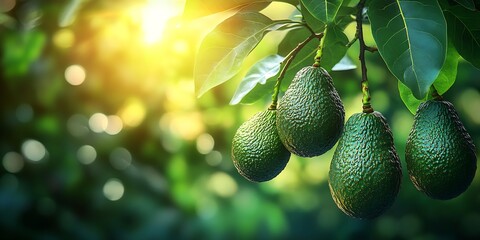 Aufkleber - Vibrant Cluster of Avocados Hanging from Lush Green Tree with Sunlight : Generative AI