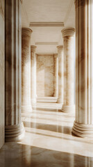 Poster - Sunlight is illuminating a hallway with marble columns and a shiny marble floor