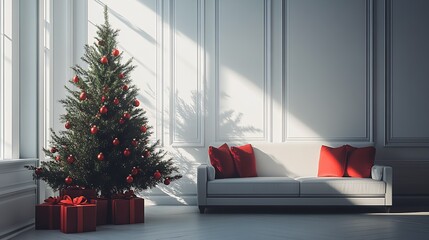 Poster - Stylish Living Room with Christmas Tree and Red Accents in Bright Daylight : Generative AI