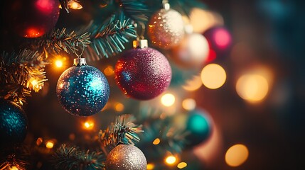 Poster - Festive Christmas Tree Adorned with Colorful Glittering Baubles and Warm Cozy Lights in a Holiday Setting : Generative AI