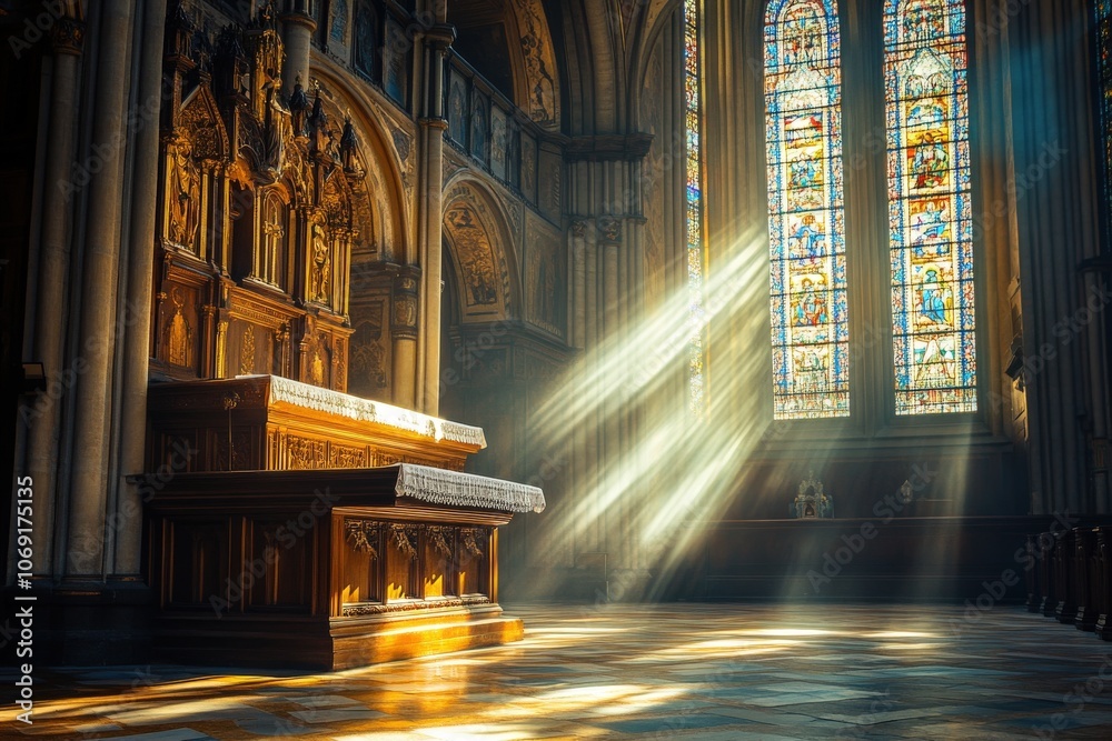 Golden Light Streaming Through Stained Glass Windows in a Cathedral ...