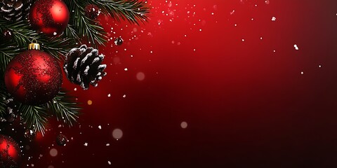 Aufkleber - Festive Holiday Background with Red Baubles Pinecones and Evergreen Branches : Generative AI