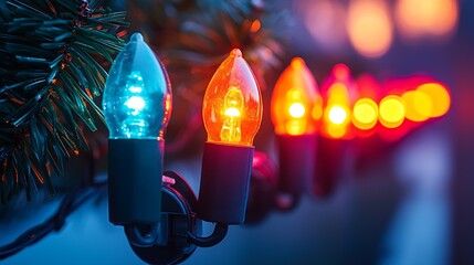 Poster - String of Colorful Festive Christmas Bulbs Illuminating the Evening Sky : Generative AI